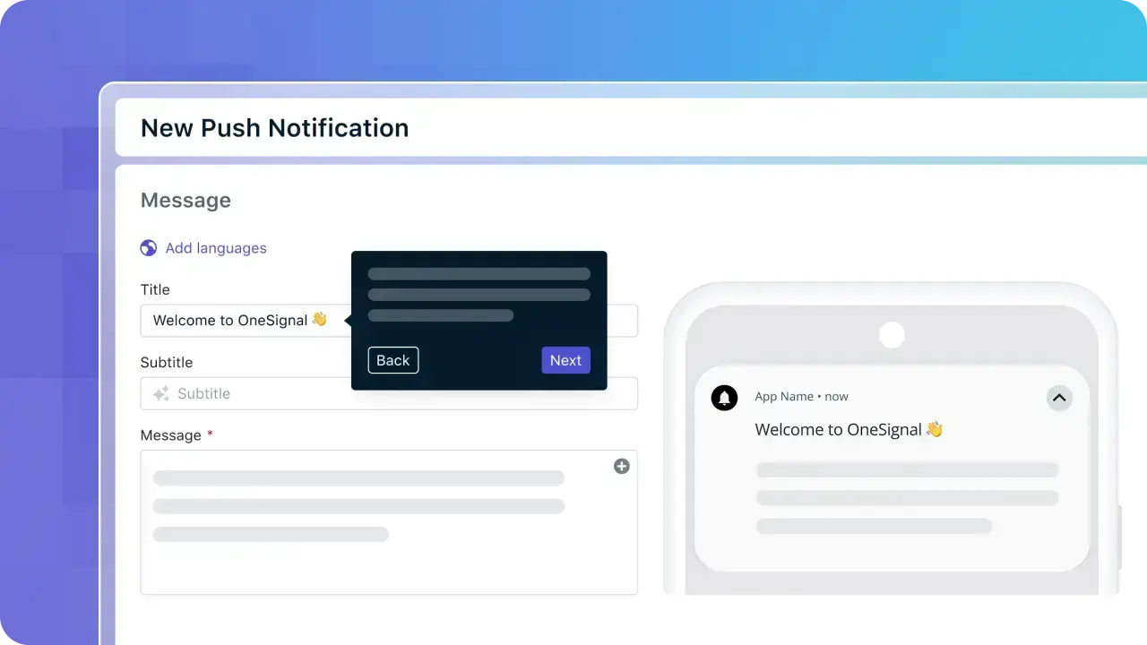 OneSignal push notification editor interface
