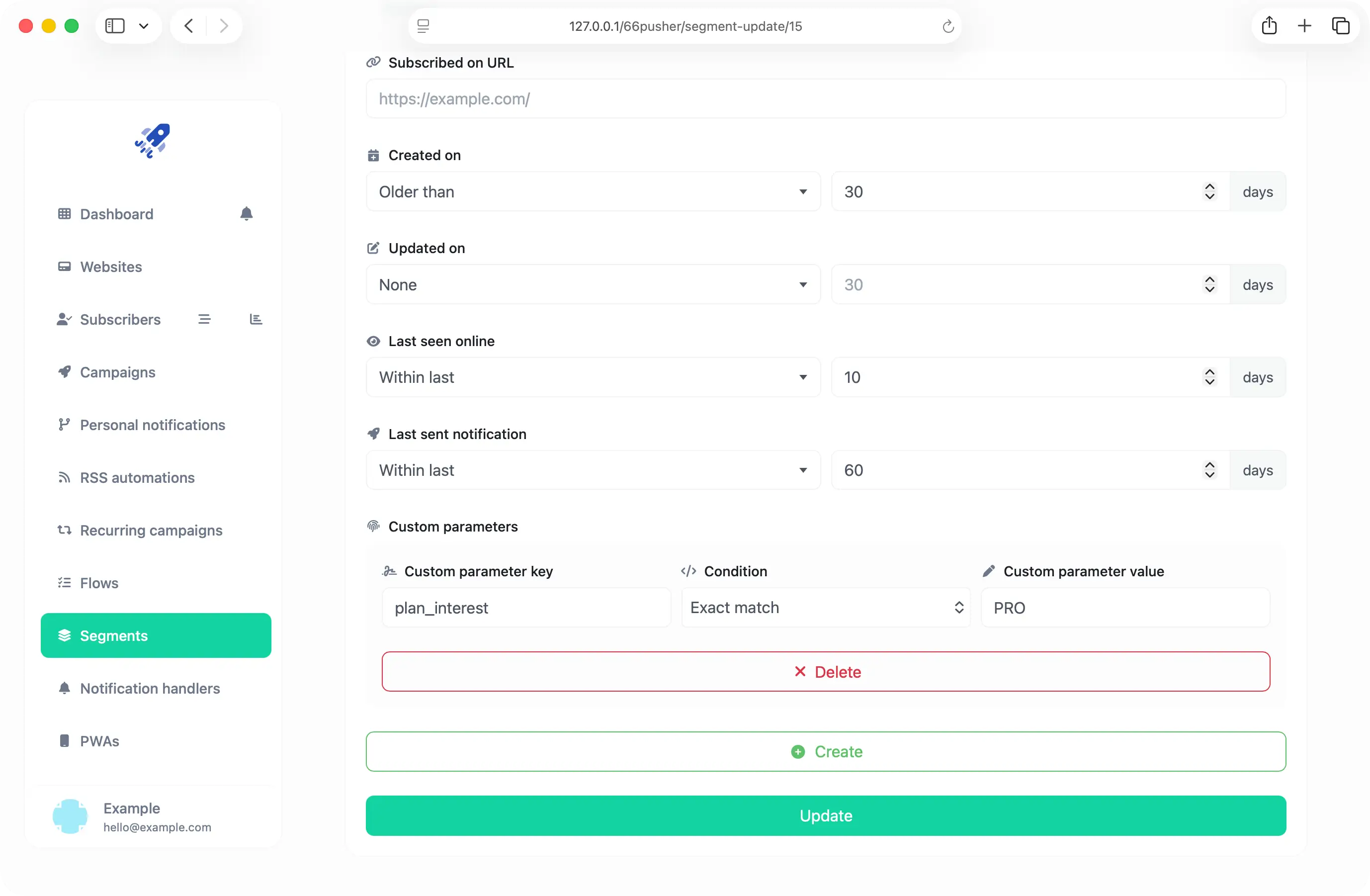 66pusher segment builder showing advanced filters for custom parameters, registration, last seen online and last sent notification date ranges
