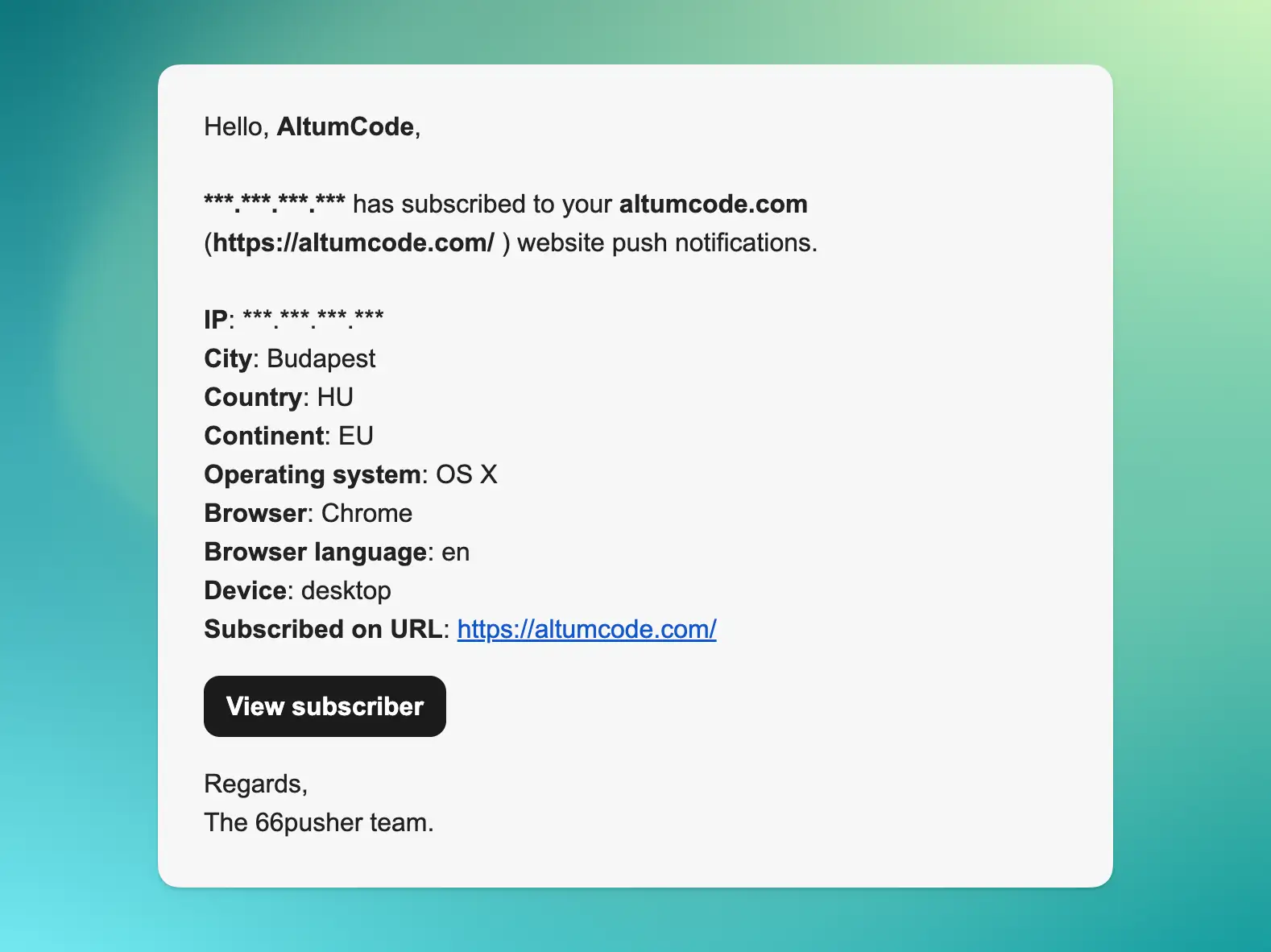 66pusher showing an email notification example for new subscribers