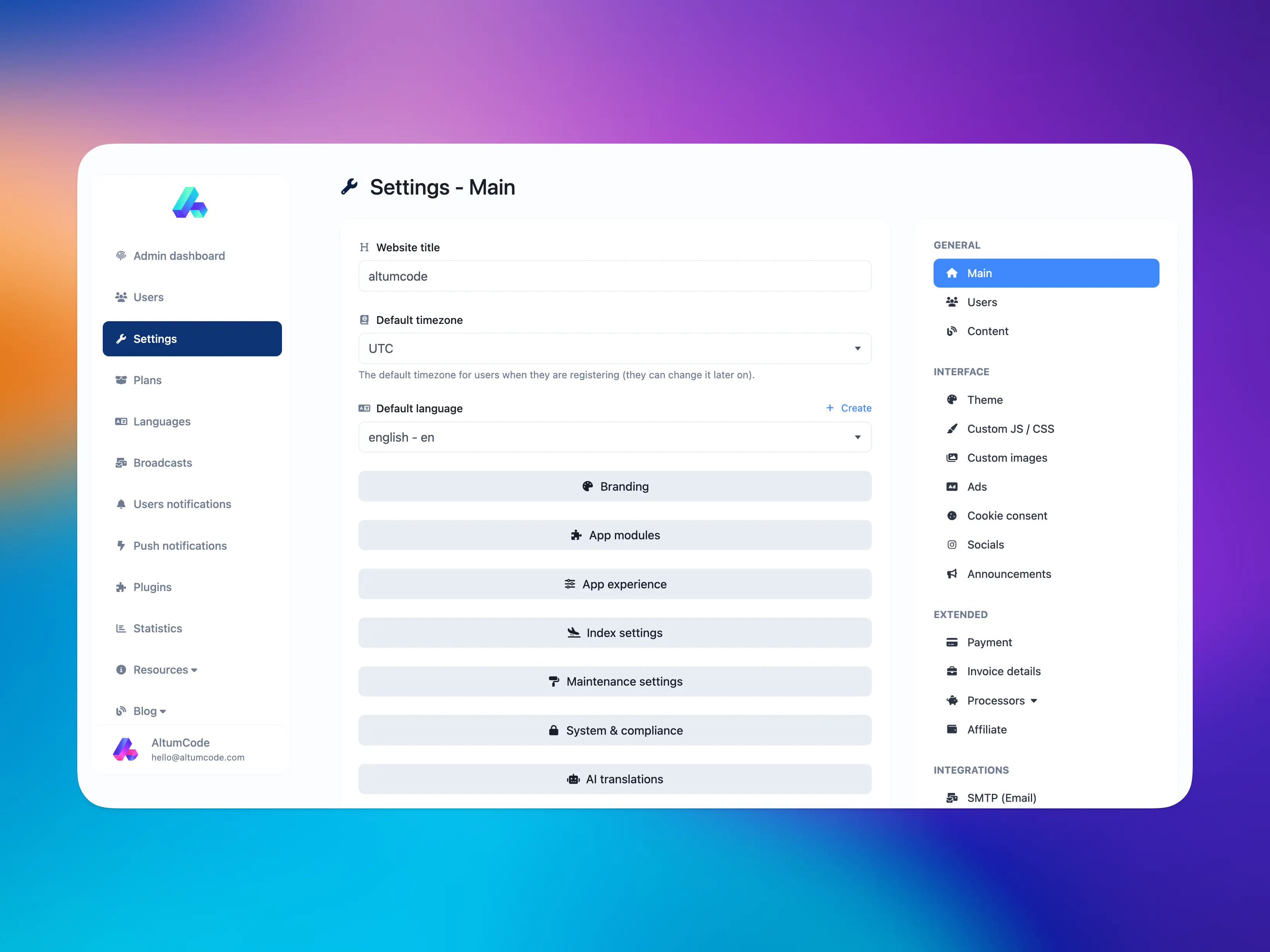66pusher admin panel showing the main settings page