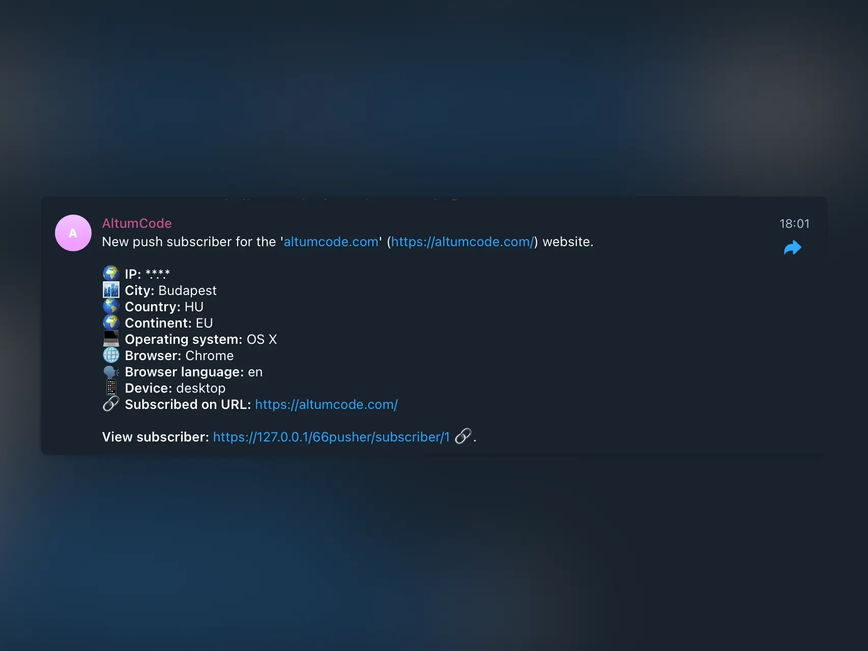 66pusher showing an telegram notification example for new subscribers