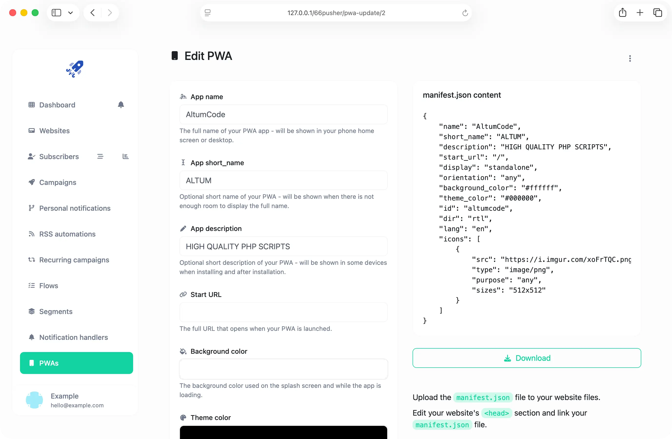 66pusher PWA builder showing manifest.json fields and generated app configuration