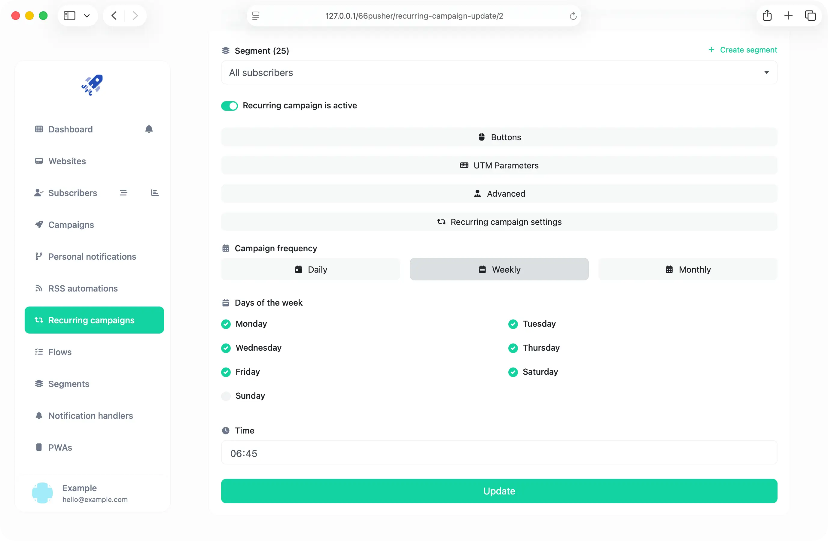 66pusher recurring campaign settings showing schedule frequency, weekdays & time