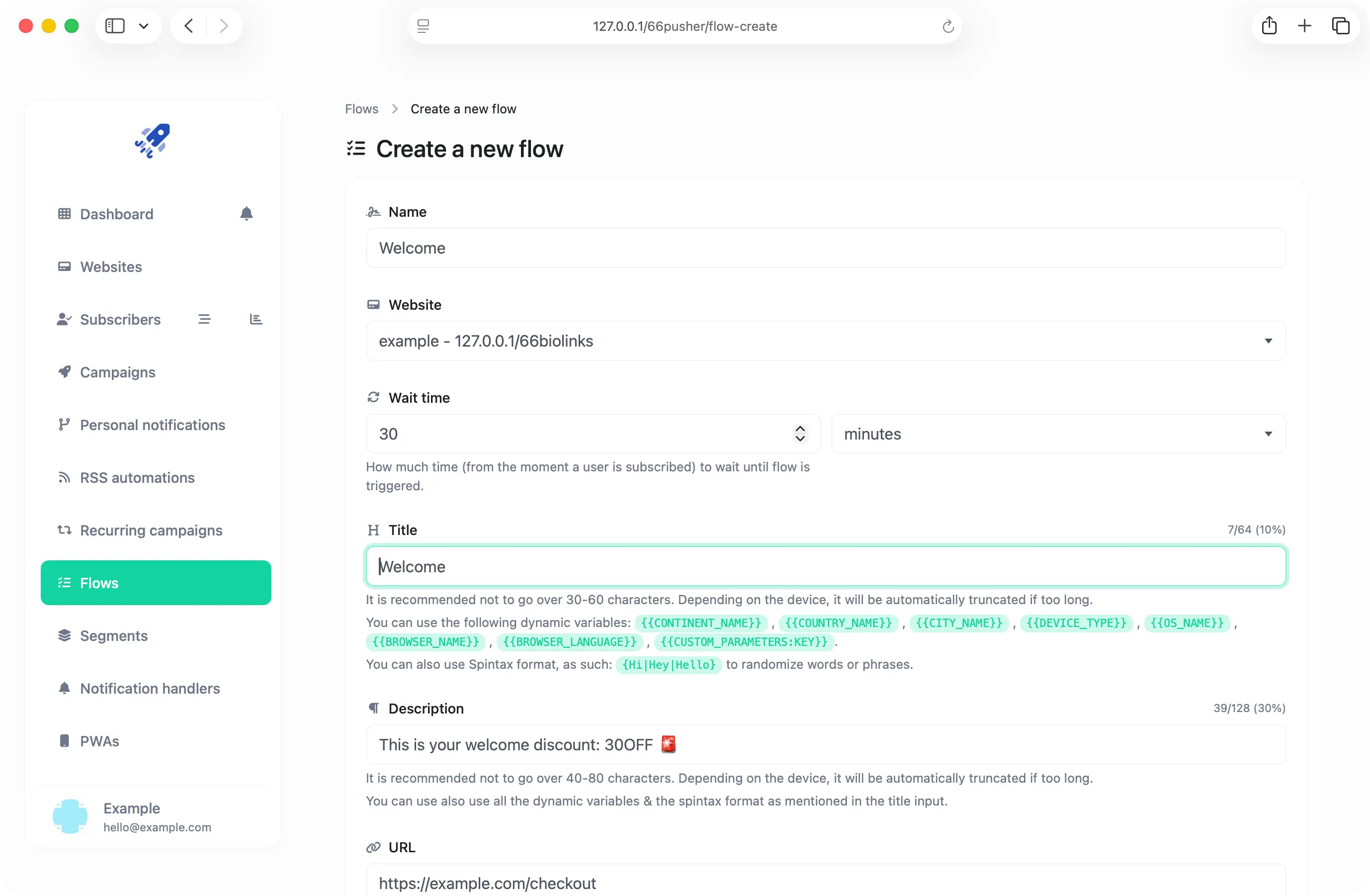 66pusher welcome flow report showing subscriber logs and delivery stats