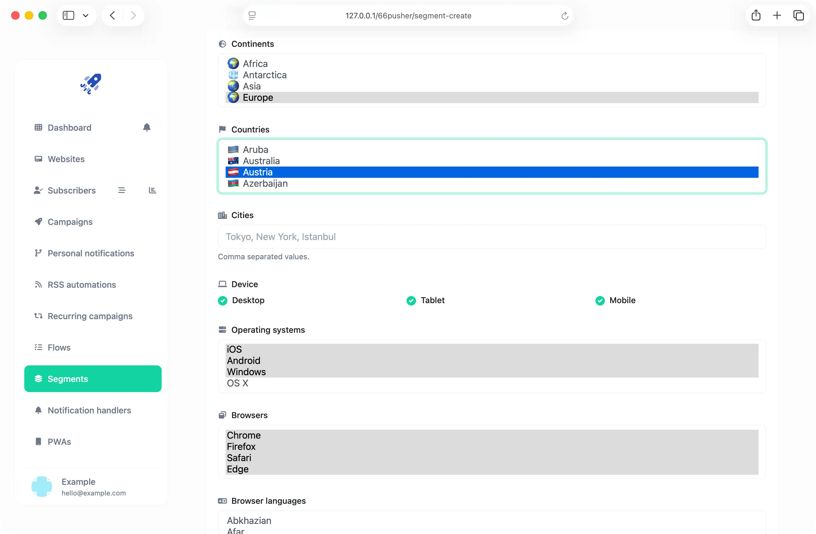 66pusher segment builder showing continent, country, device, operating system & browser filters