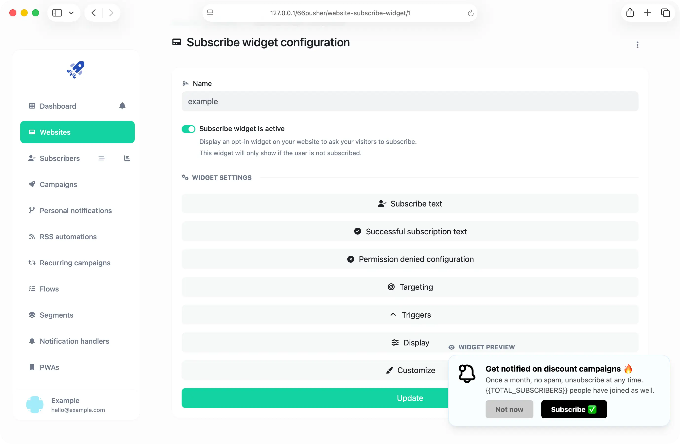 66pusher subscription widget builder showing the widget preview and settings sections
