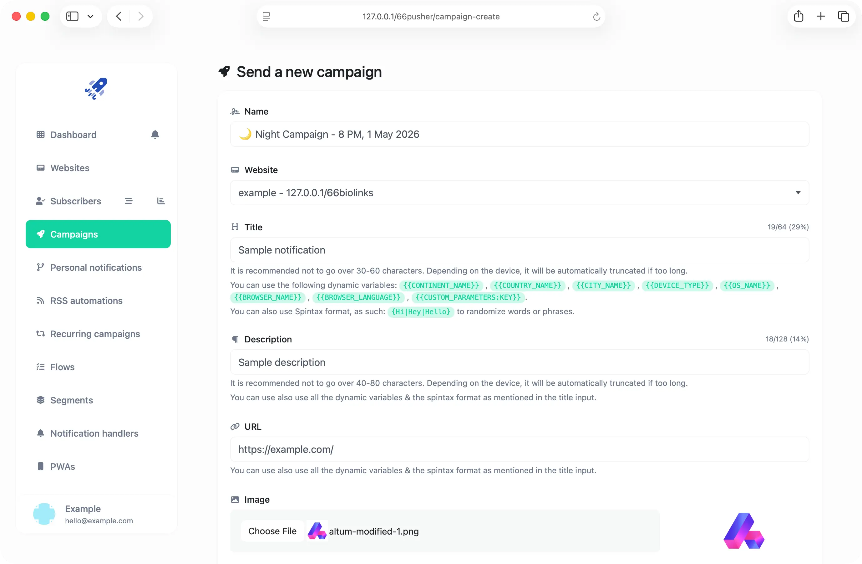 66pusher web push notification editor showing the title, description, URL & image fields