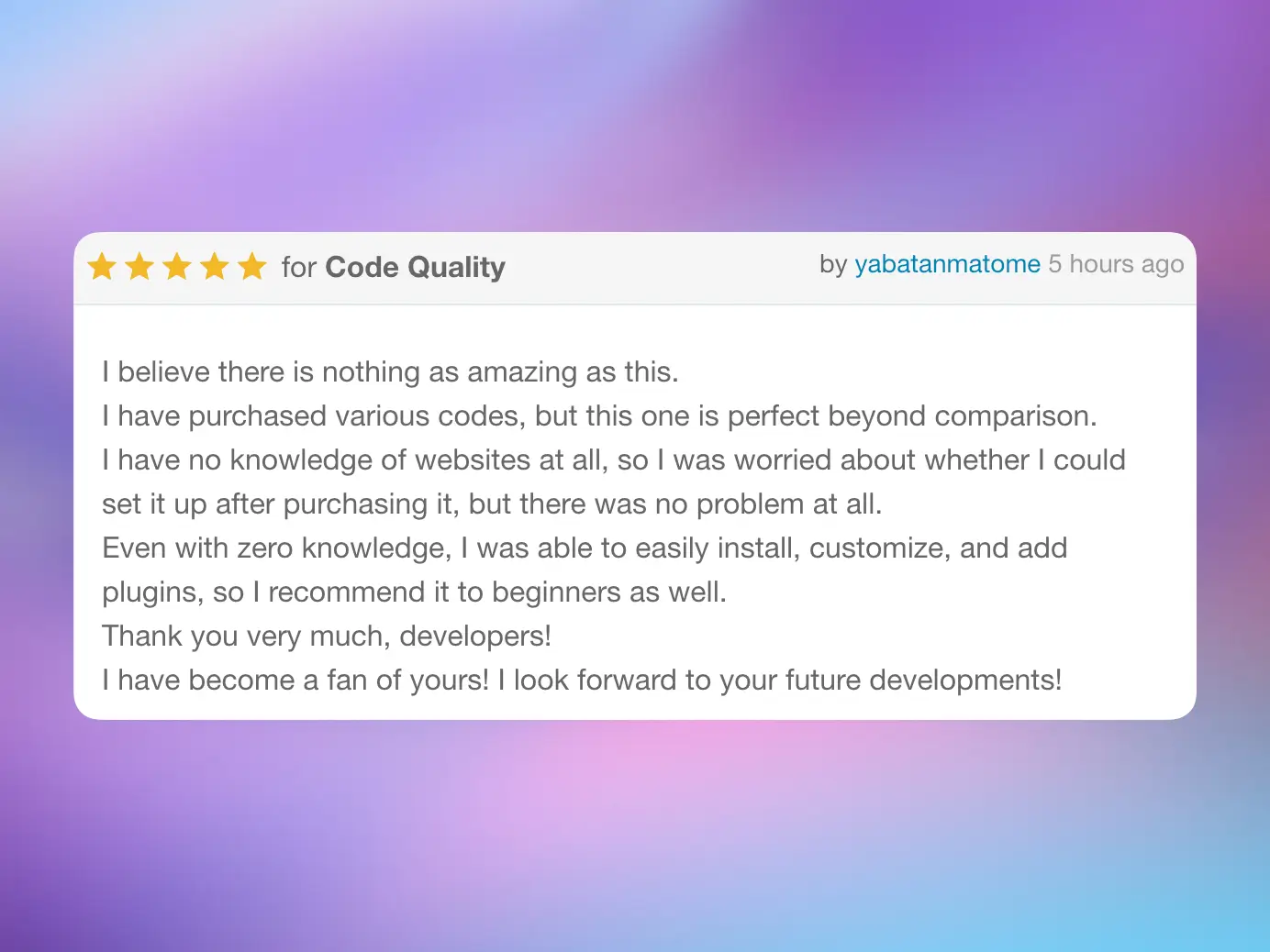 Customer review screenshot praising the code quality and easy setup